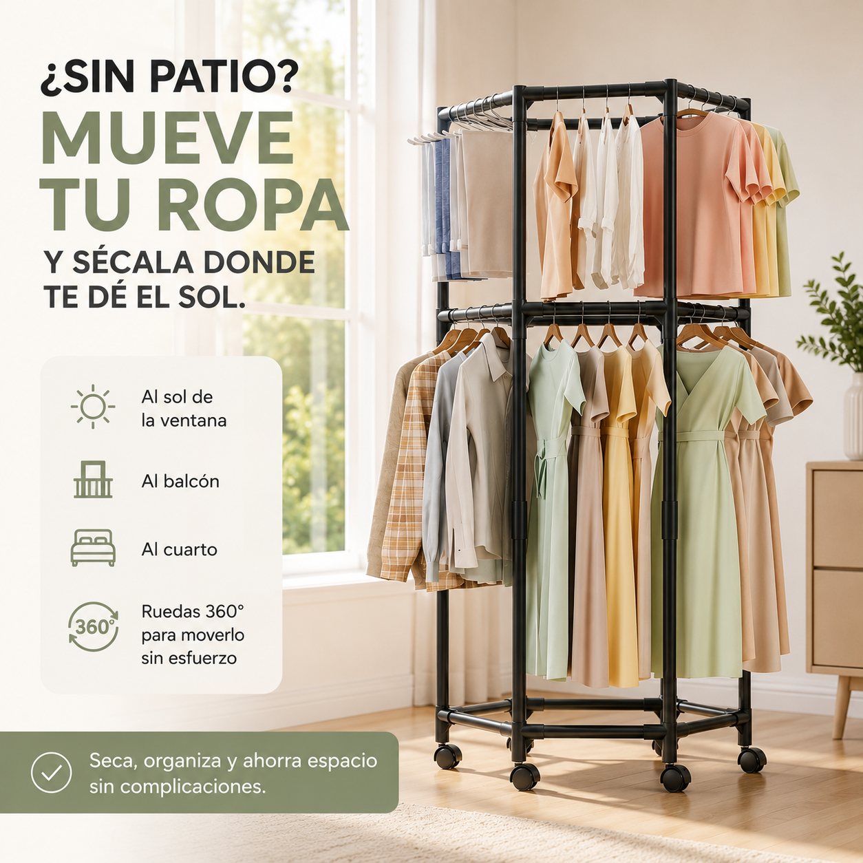 Perchero doble nivel con ruedas, gira 360° — Organiza y seca tu ropa sin patio.