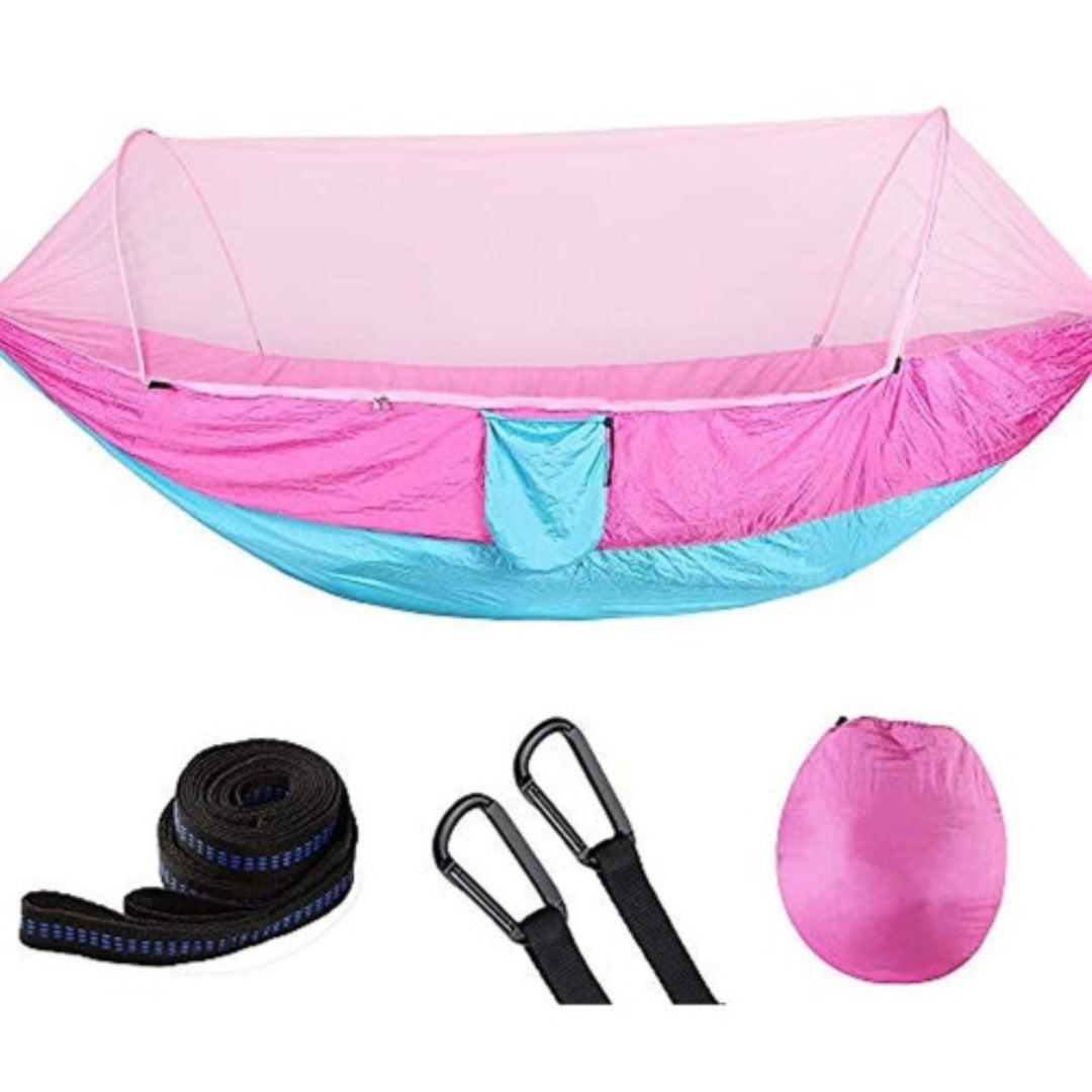 Hamaca de camping con mosquitero incluido - Evita los zancudos en tus salidas INCLUYE: 2 Cuerdas de amarre, Cuerda para mosquitero y bolsa de almacenaje.