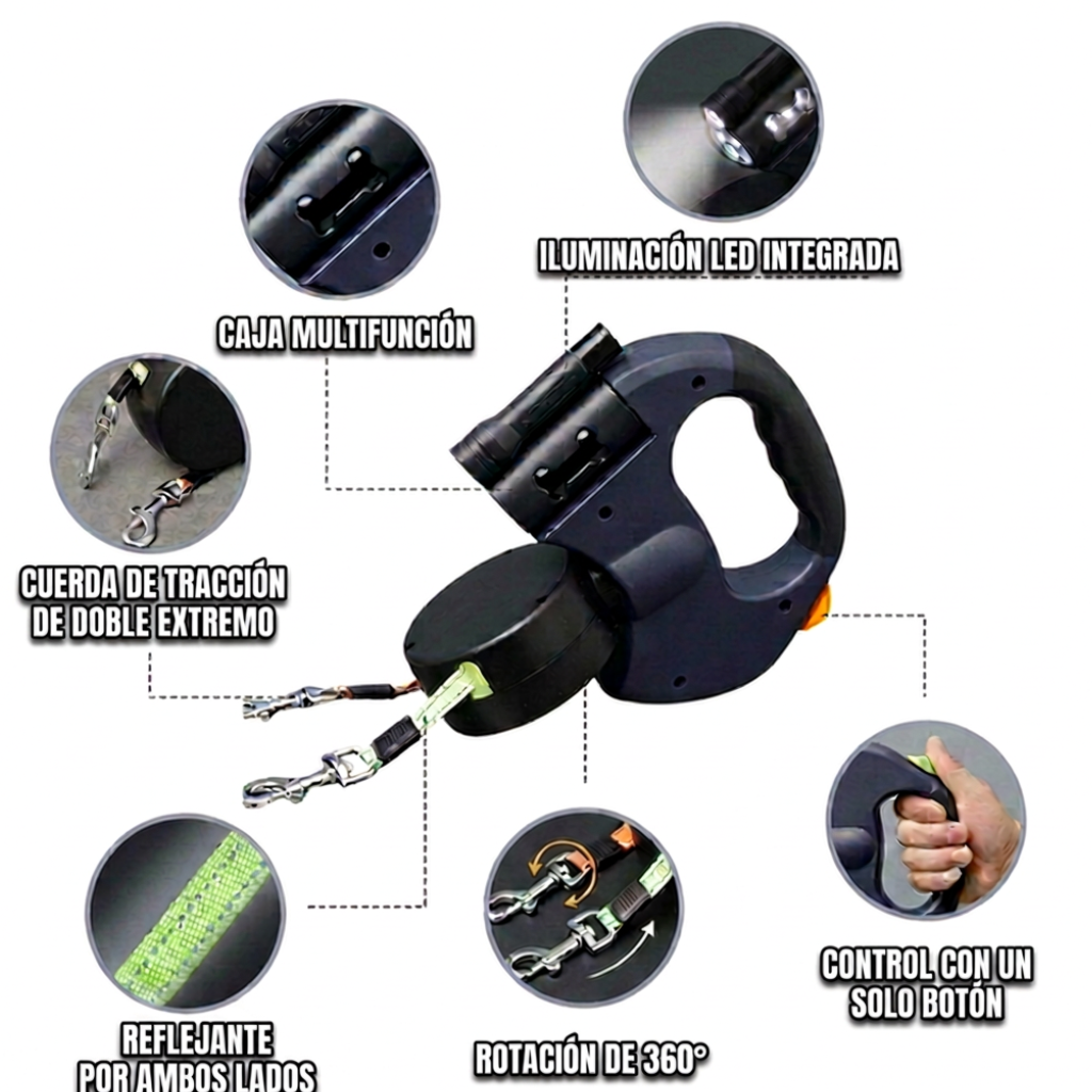 Correa Retráctil Doble para Perros — Giro 360° Antienredos para Perros Hasta 11 kg,