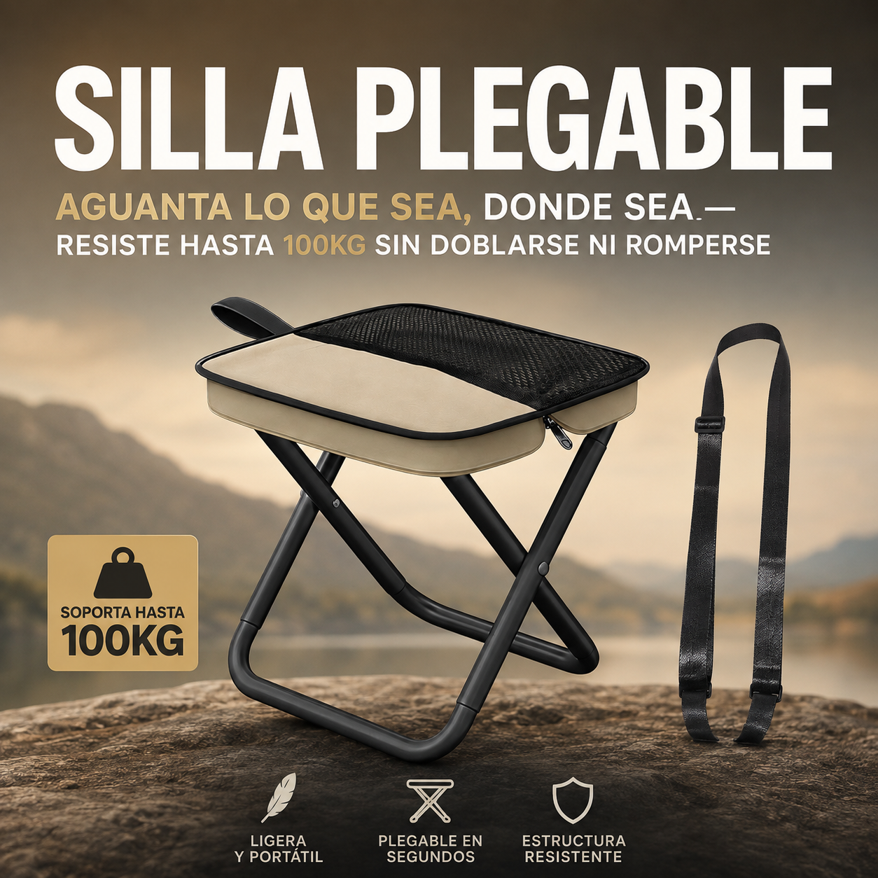 Silla plegable para descansar donde sea — resiste hasta 100kg - Diseño ultra compacto, fácil de guardar en bolsos o mochila.