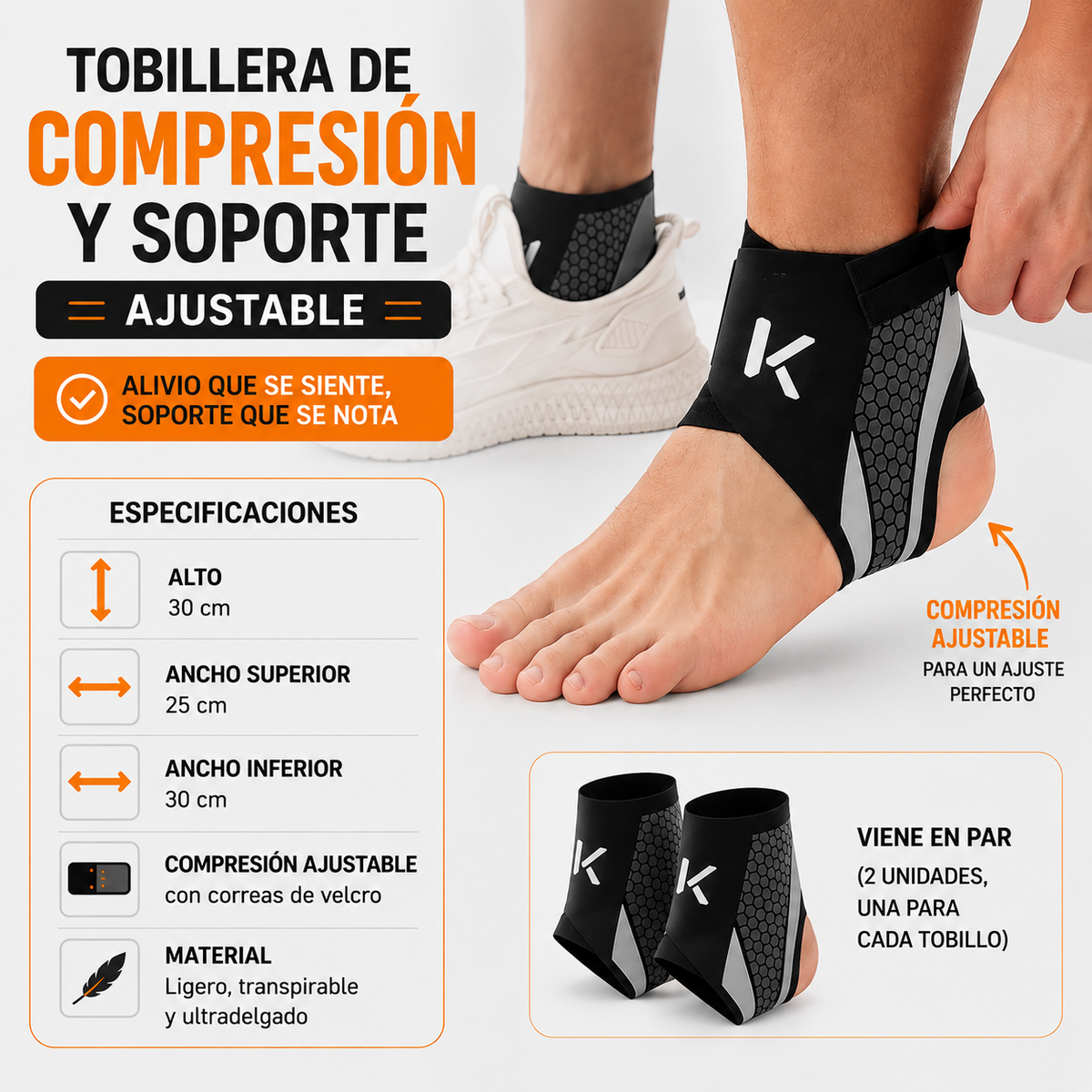 Tobillera Alivio Total, viene en par - para quienes sufren de dolor/hinchazón por estar de pie o caminar mucho.