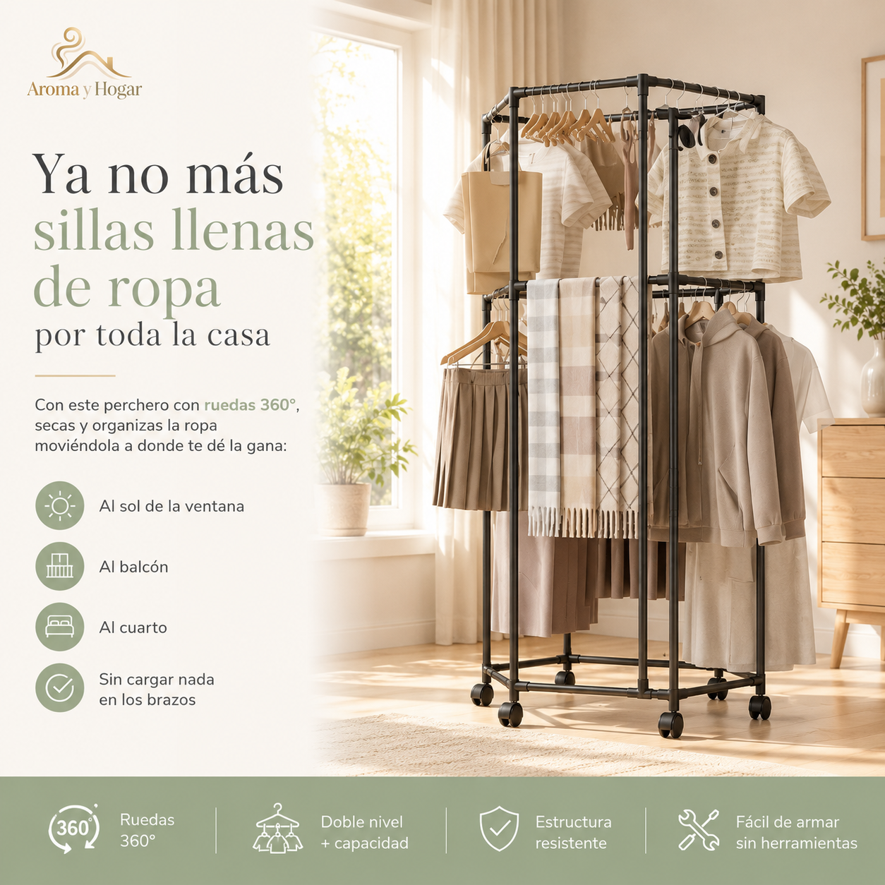 Perchero doble nivel con ruedas, gira 360° — Organiza y seca tu ropa sin patio.