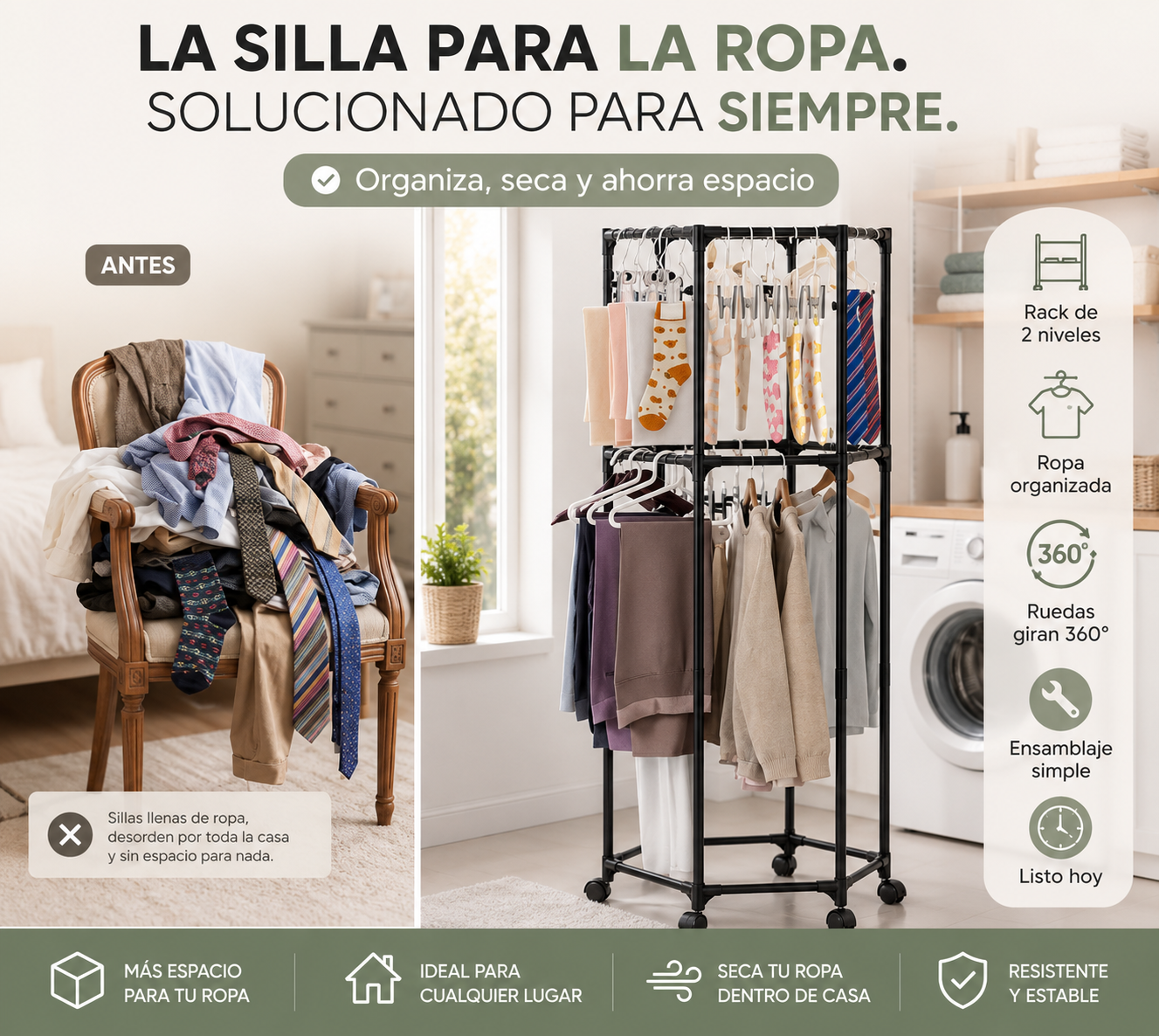 Perchero doble nivel con ruedas, gira 360° — Organiza y seca tu ropa sin patio.