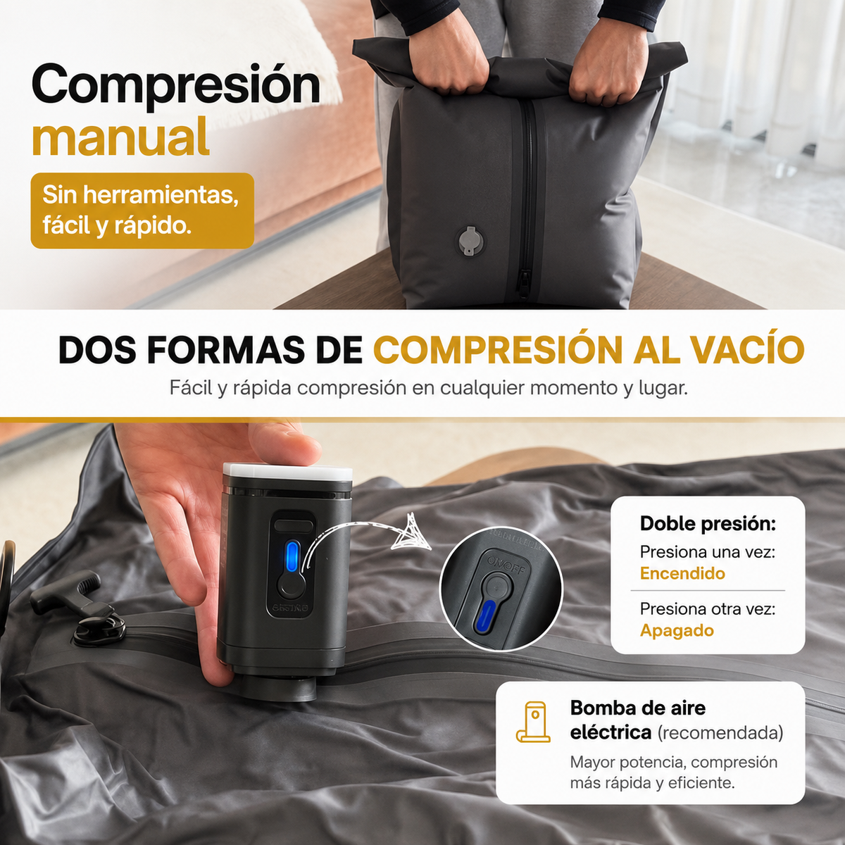 Bolsa de Viaje Ultra-Compresora Pro – Lleva el doble de ropa sin pagar maleta extra.