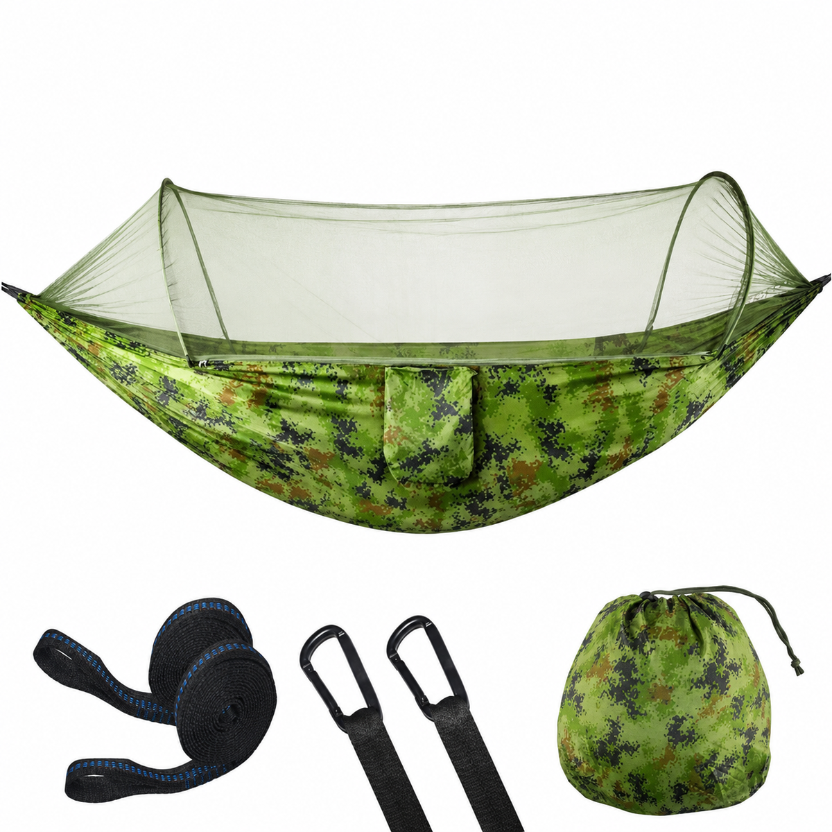 Hamaca  de camping con mosquitero incluido - Evita los zancudos en tus salidas INCLUYE: 2 Cuerdas de amarre, Cuerda para mosquitero y bolsa de almacenaje.