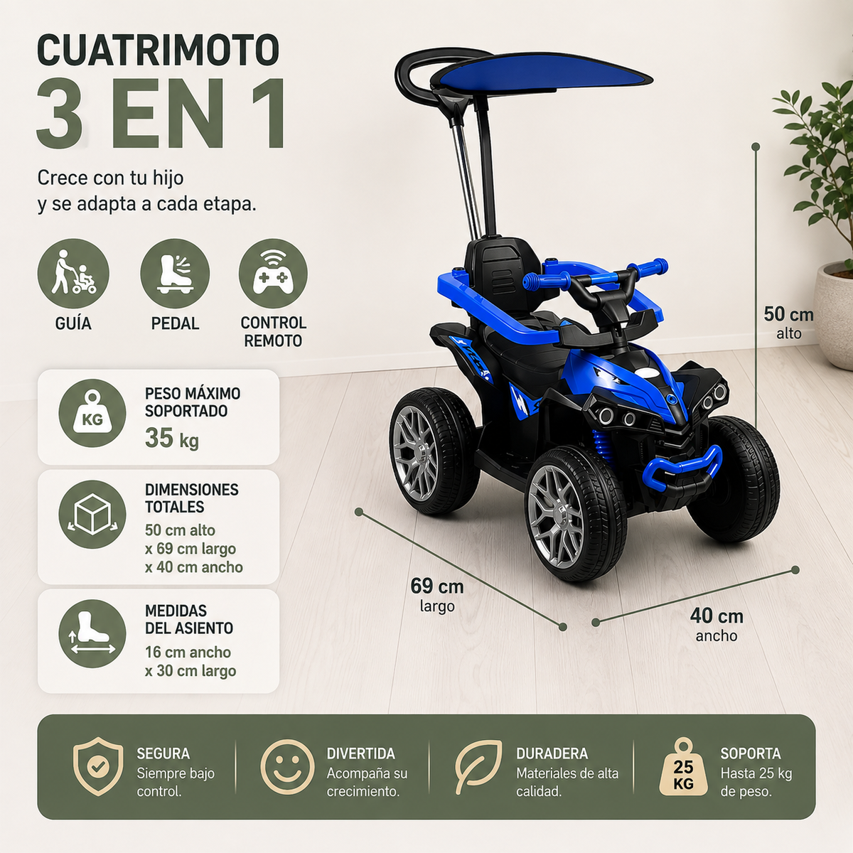 Cuatrimoto Eléctrica 3 en 1: Guía, Pedal y control remoto - soporta hasta 35 Kilos - ideal para niños de 2 a 4 años.