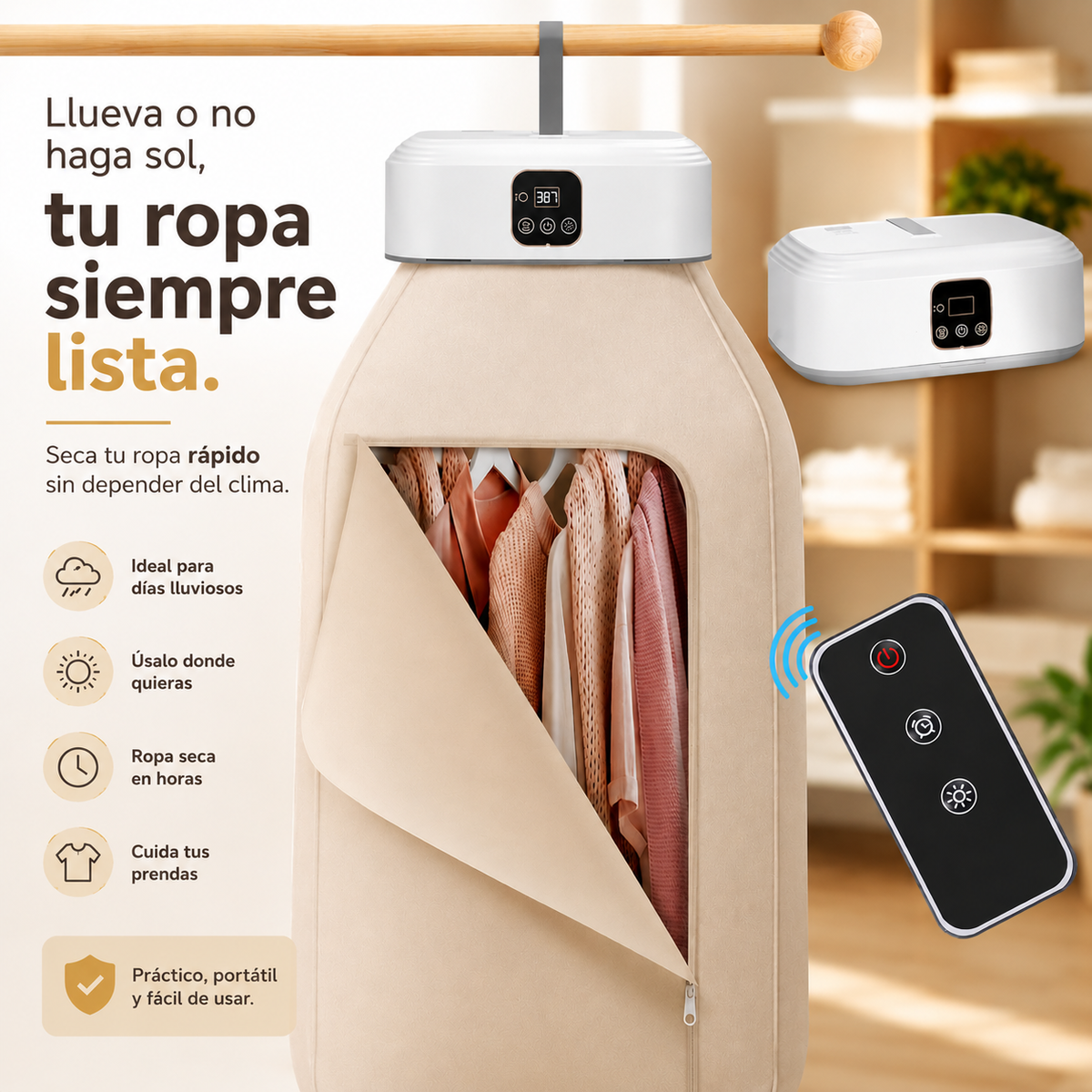 Secadora Portátil con Control Remoto — Termina de secar tu ropa sin depender del clima