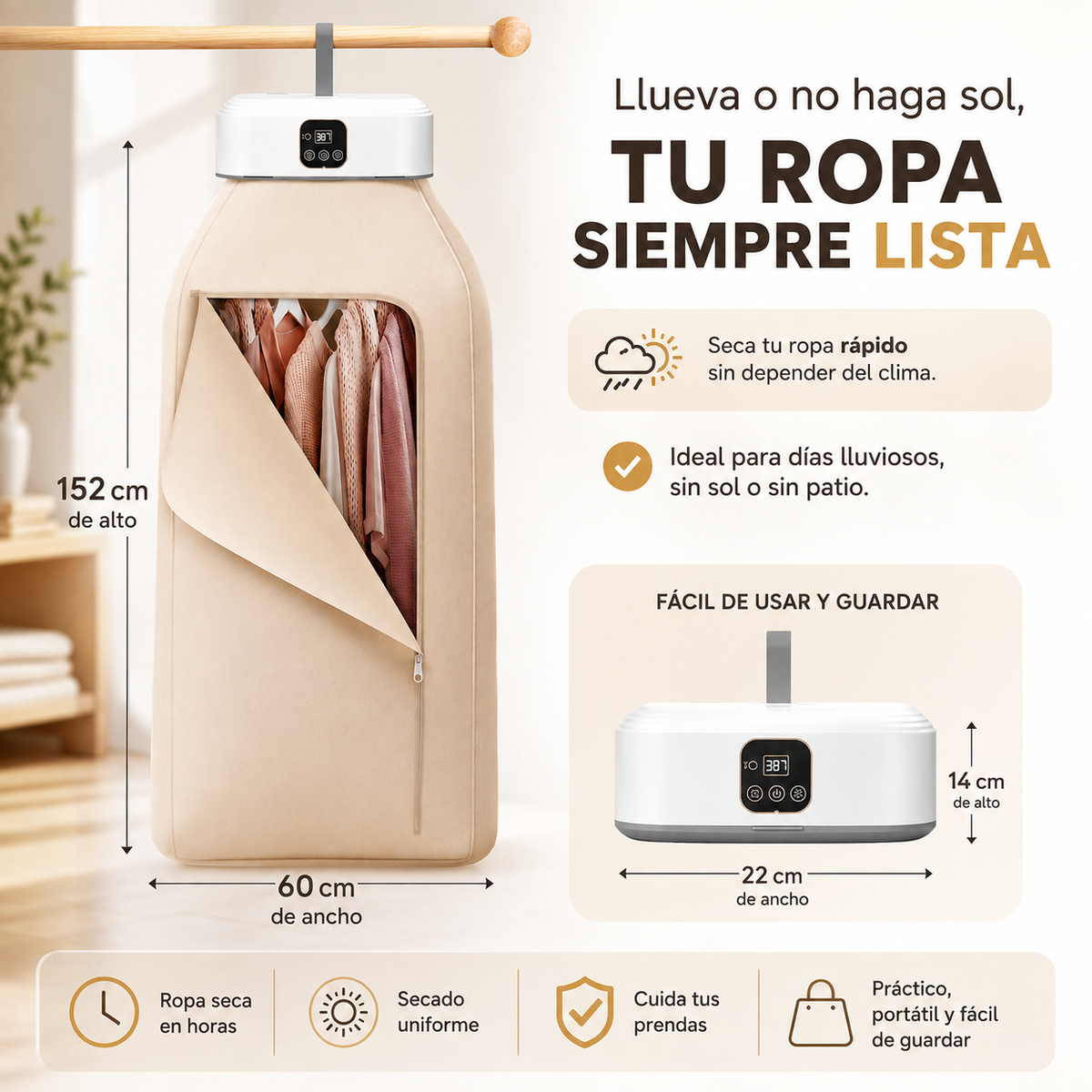 Secadora Portátil con Control Remoto — Termina de secar tu ropa sin depender del clima