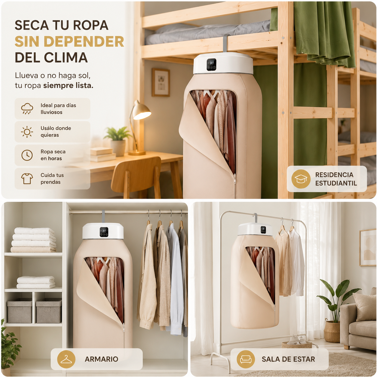 Secadora Portátil con Control Remoto — Termina de secar tu ropa sin depender del clima