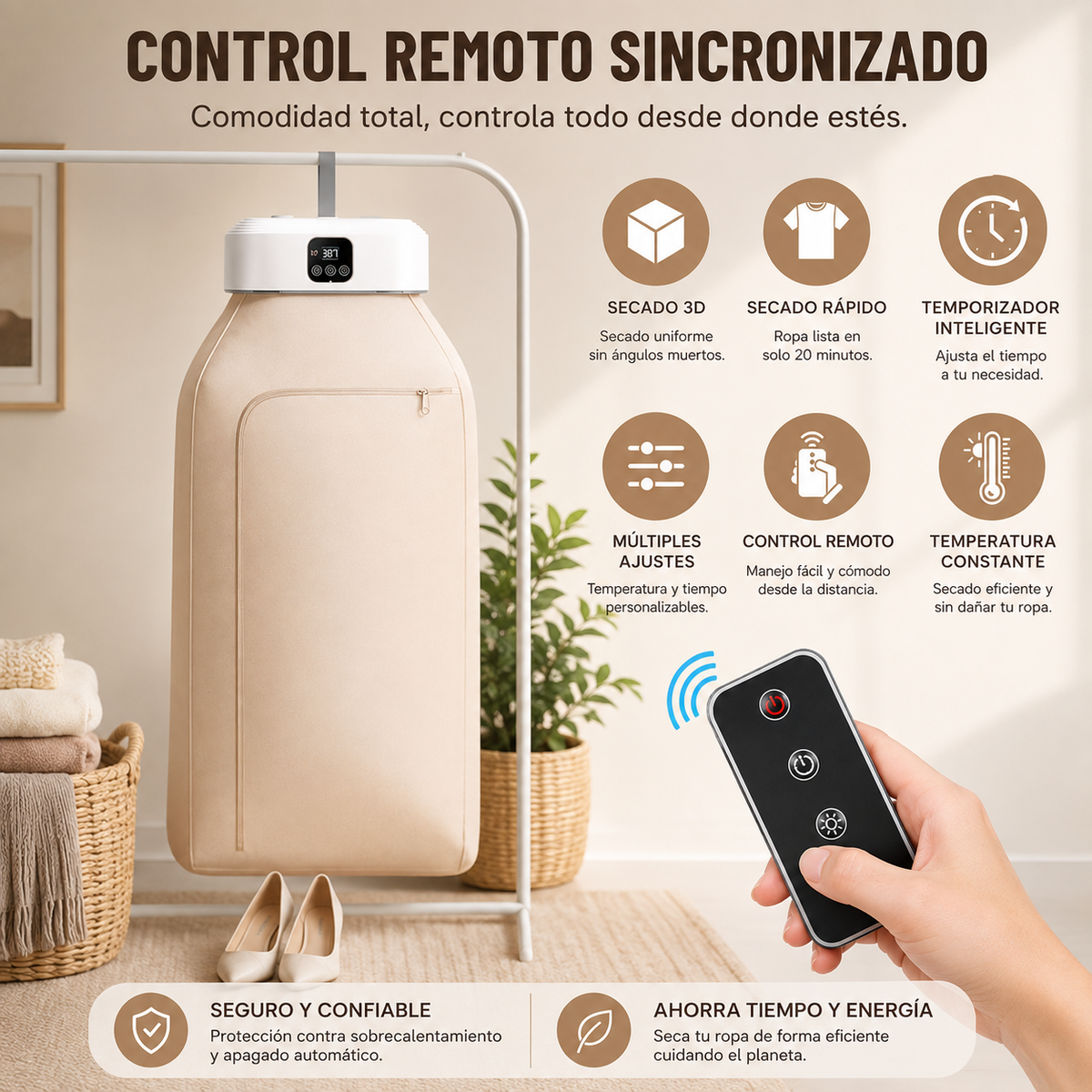 Secadora Portátil con Control Remoto — Termina de secar tu ropa sin depender del clima