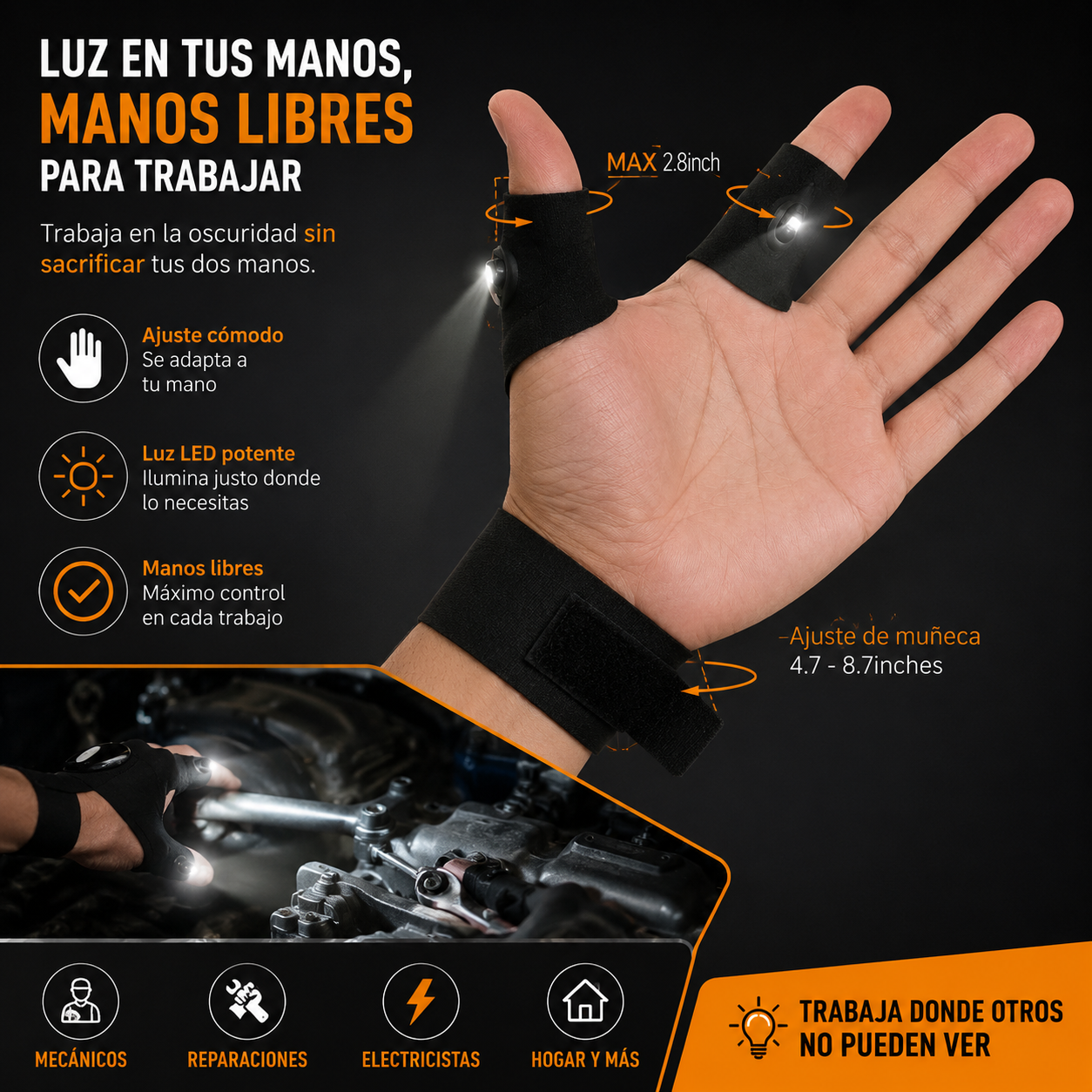 Guantes Manos Libres con Linterna LED - por 1 unidad - para trabajos y reparaciones de nocturnos - talla única.