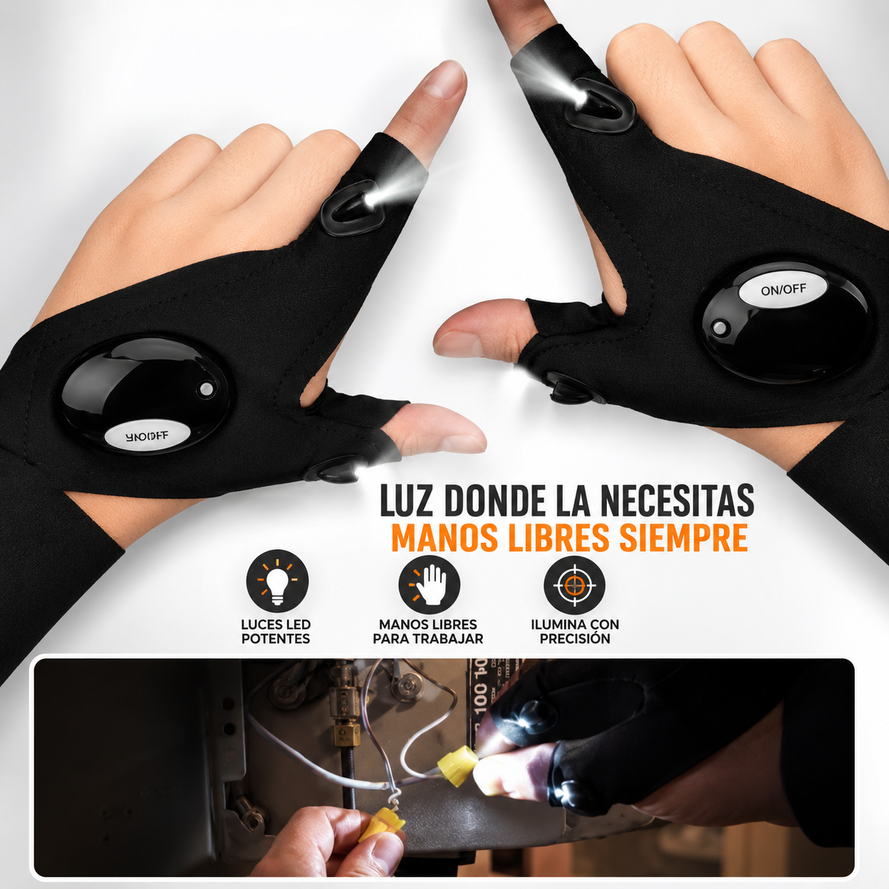 Guantes Manos Libres con Linterna LED - por 1 unidad - para trabajos y reparaciones de nocturnos - talla única.