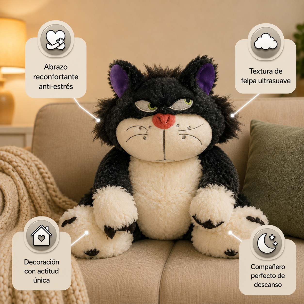 Peluche Gato Lucifer - de la pelicula de disney de 1950 - Relleno 100% Napa antialérgica, ultra suave. Tamaño Alto: 30cm - Ancho: 30cm