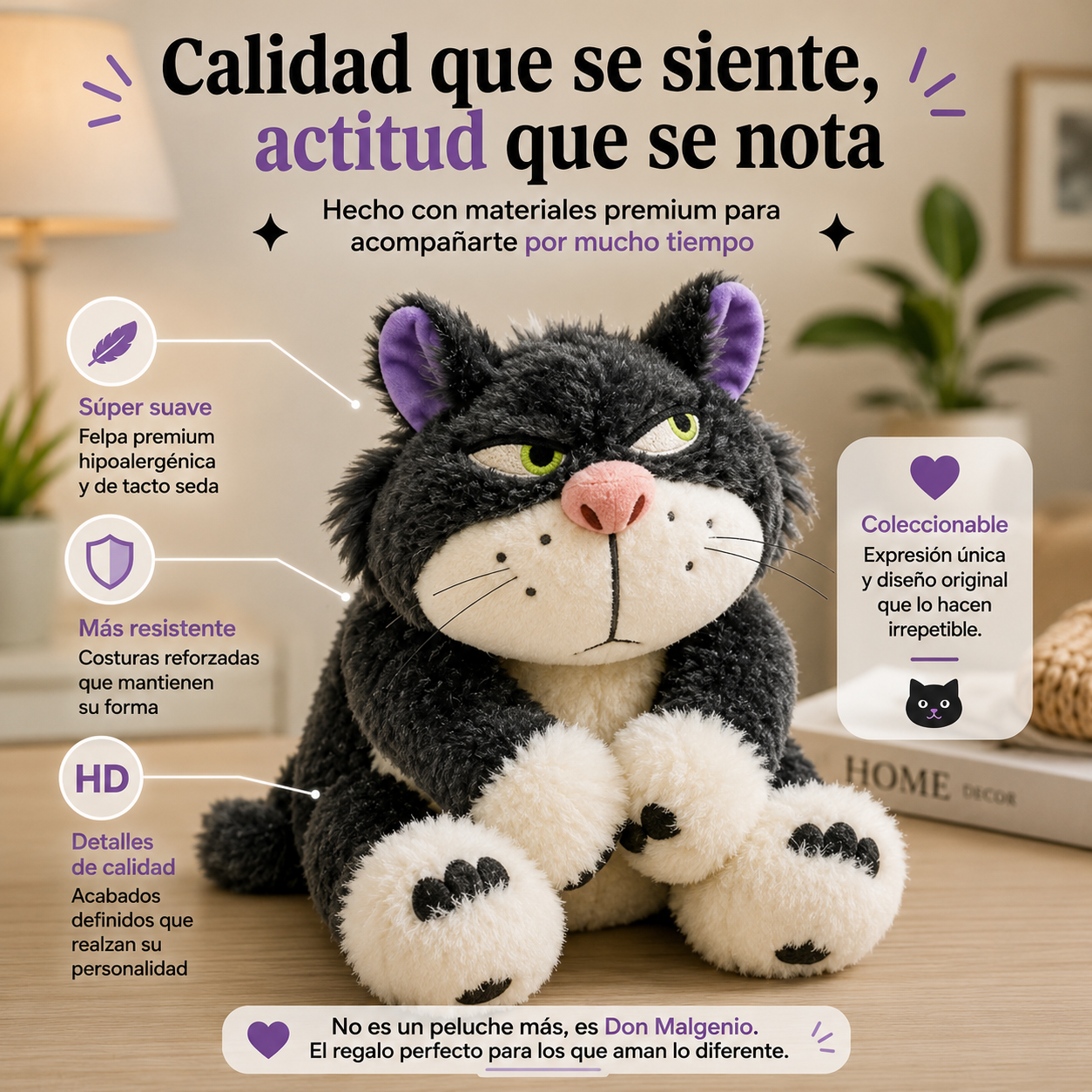 Peluche Gato Lucifer - de la pelicula de disney de 1950 - Relleno 100% Napa antialérgica, ultra suave. Tamaño Alto: 30cm - Ancho: 30cm
