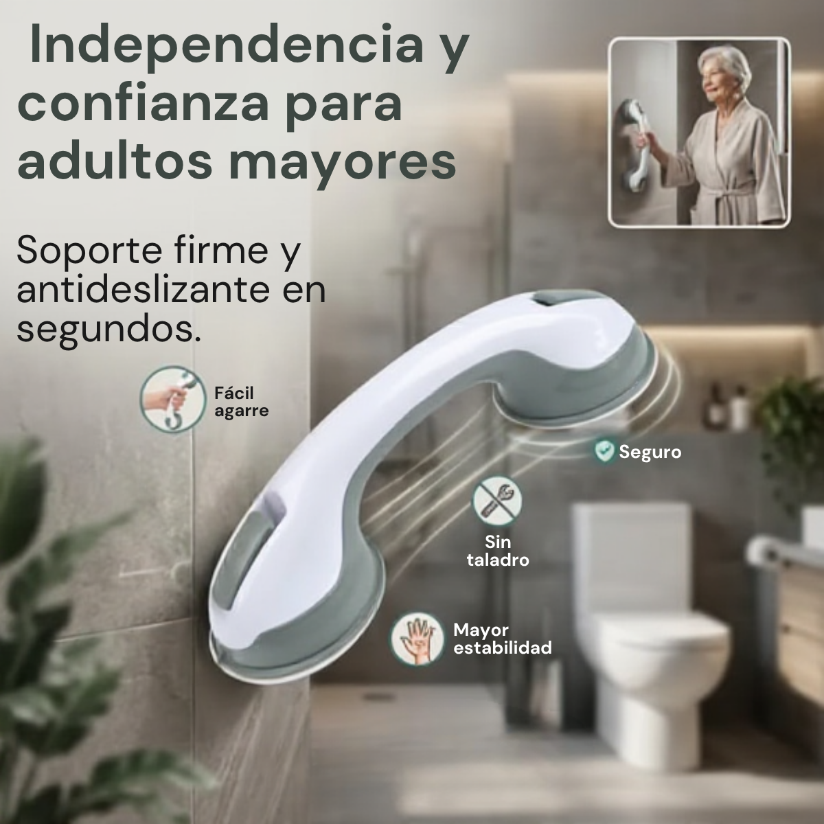 Barra de apoyo con ventosas - independencia y confianza para adultos mayores - por 2 unidades.