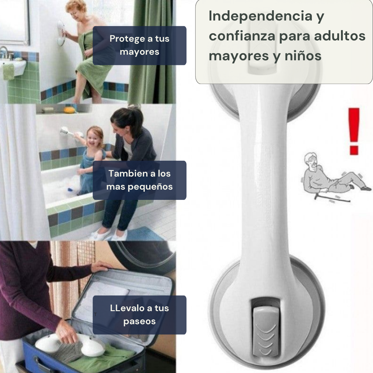 Barra de apoyo con ventosas - independencia y confianza para adultos mayores - por 2 unidades.