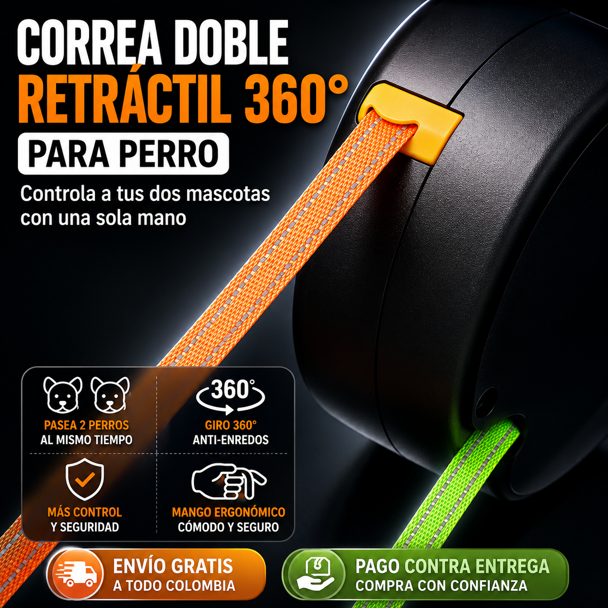 Correa Retráctil Doble para Perros — Giro 360° Antienredos para Perros Hasta 11 kg,